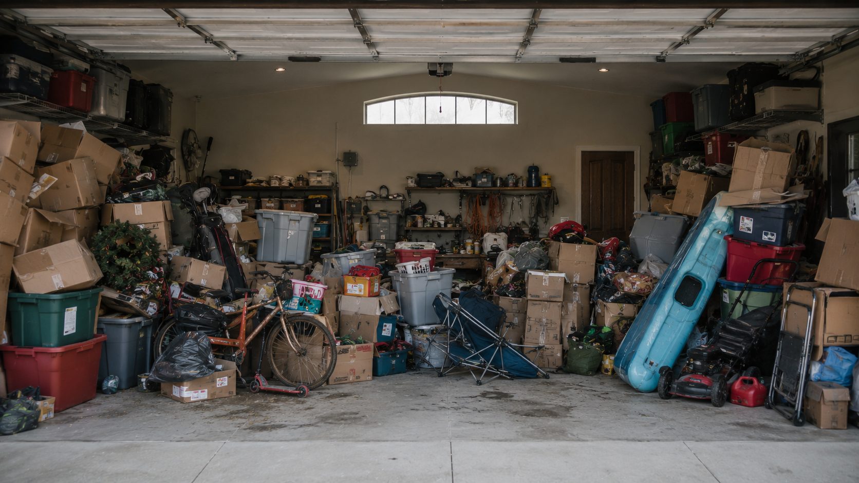 A cluttered Denver garage before a Reset & Co. reset — boxes piled high, gear scattered, no walkable floor