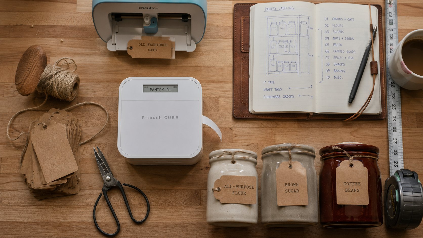 The Reset & Co. Home labeling kit on a wood bench — Cricut, P-touch, kraft tags, twine, label map