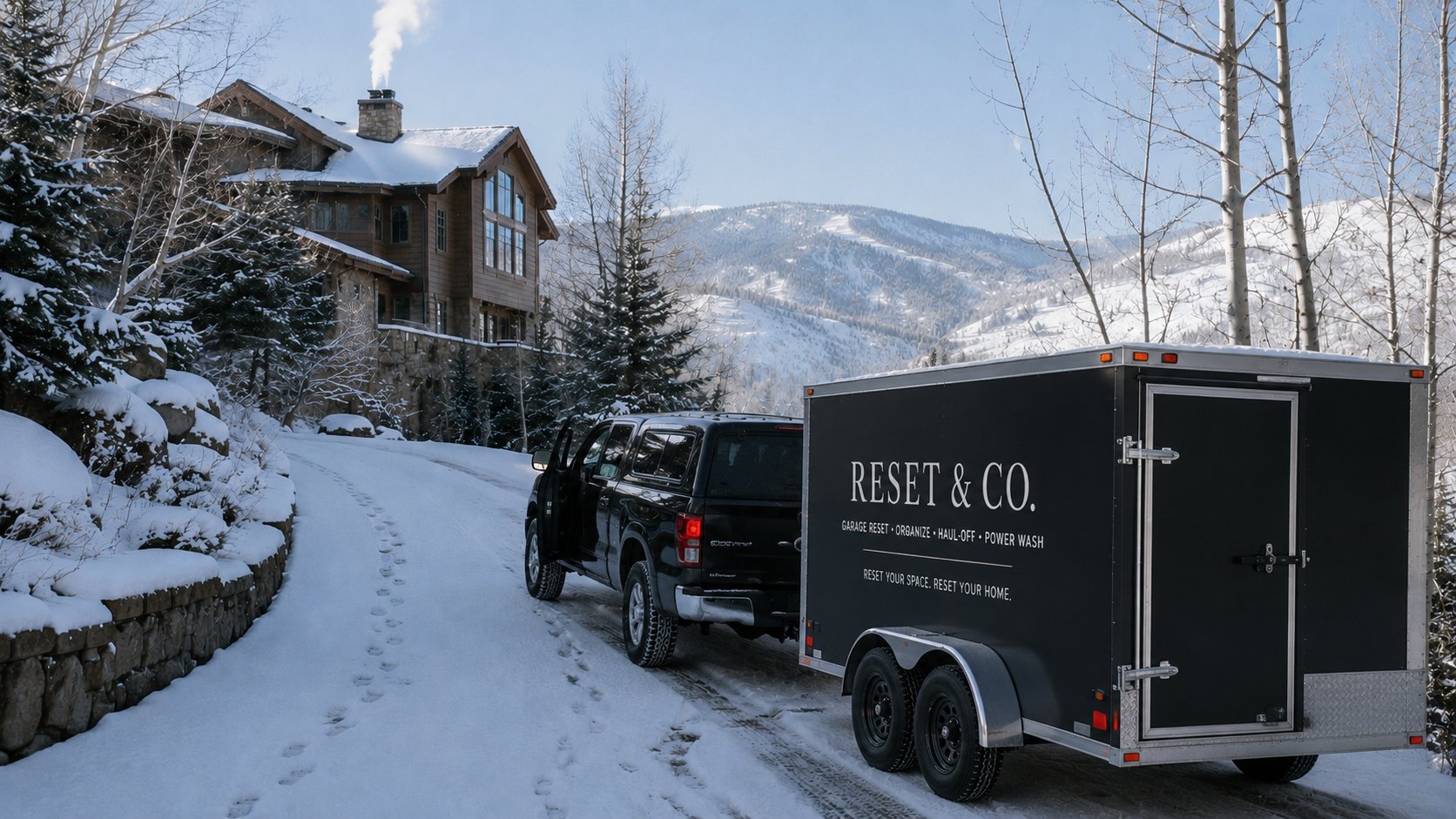 The Reset & Co. trailer arriving at a snow-covered Vail mountain home with the ski runs in the background