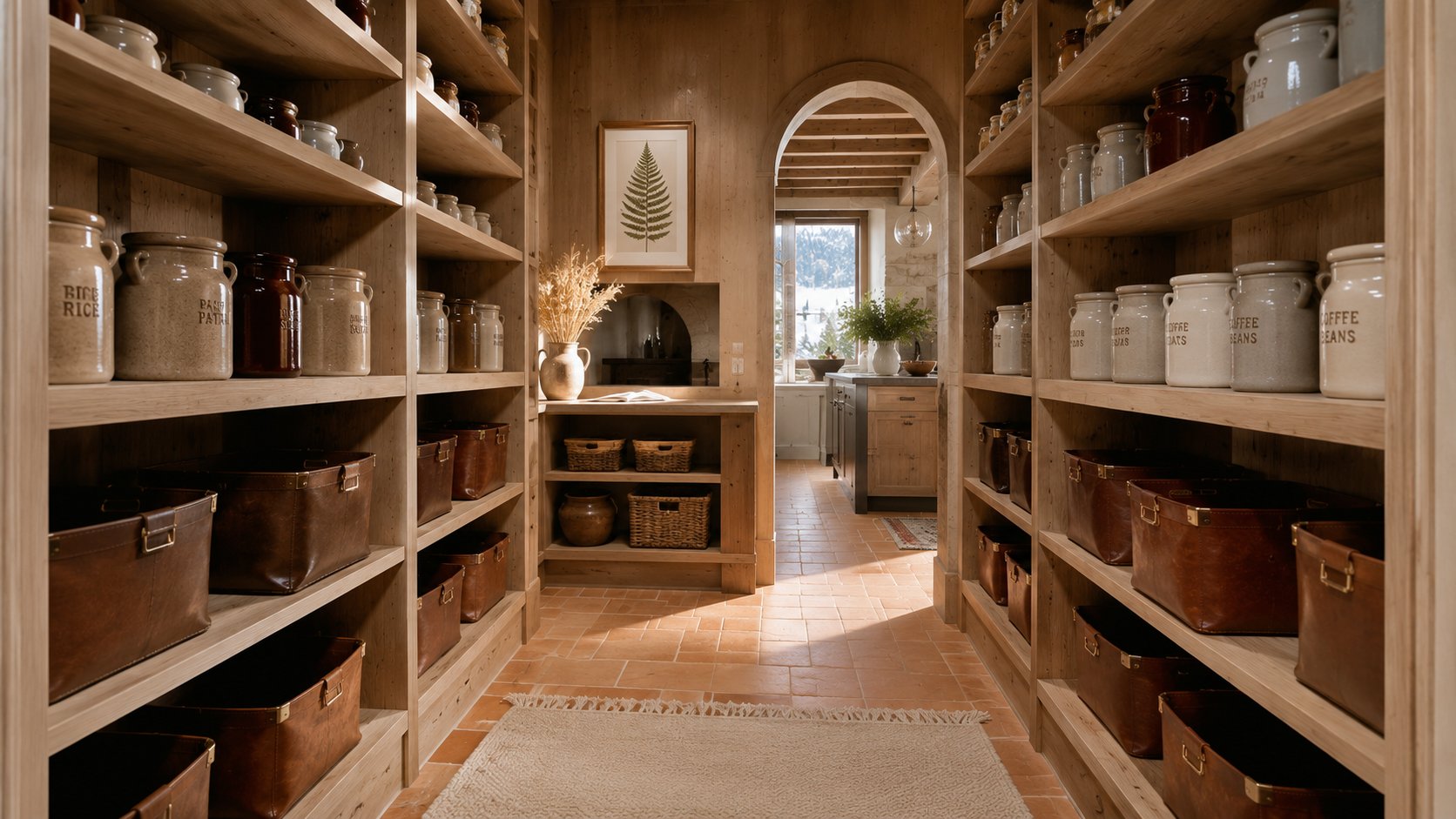 A finished mountain pantry with an arched doorway, leather basket bins, ceramic rice and coffee crocks, terracotta tile floor, and a snowy window view into the kitchen beyond
