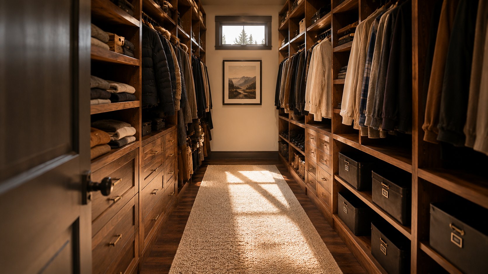 A wood-paneled walk-in closet finished by Reset & Co. Home with morning light through the window