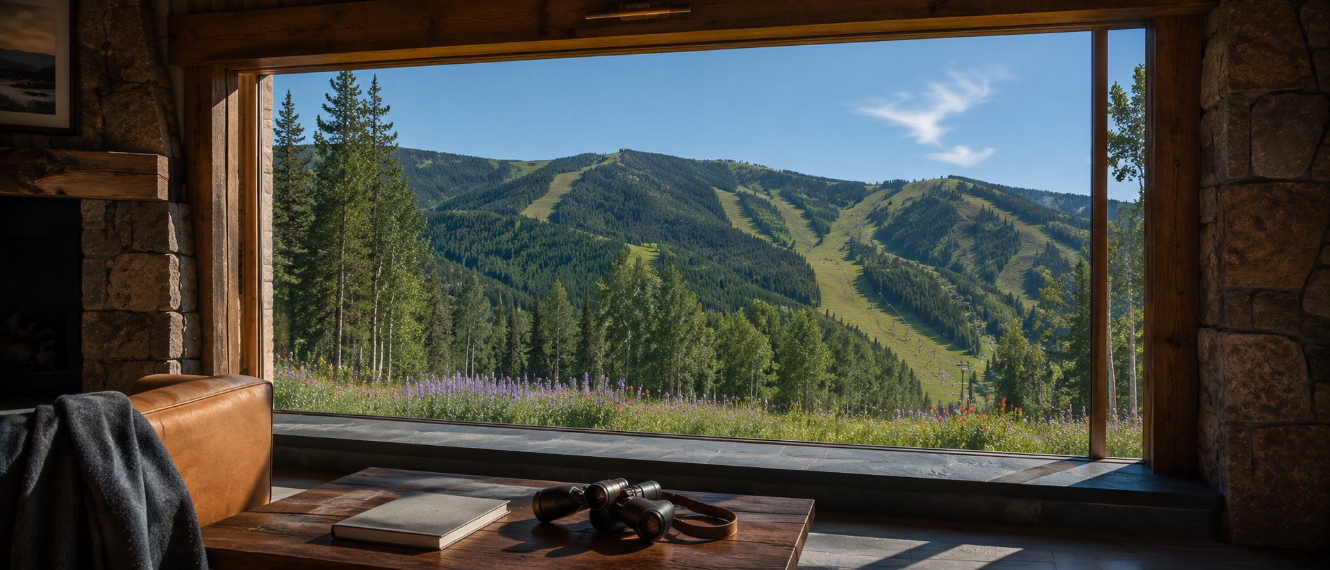 A picture window framing the ski mountain in summer — a leather chair, a book, and binoculars on the sill
