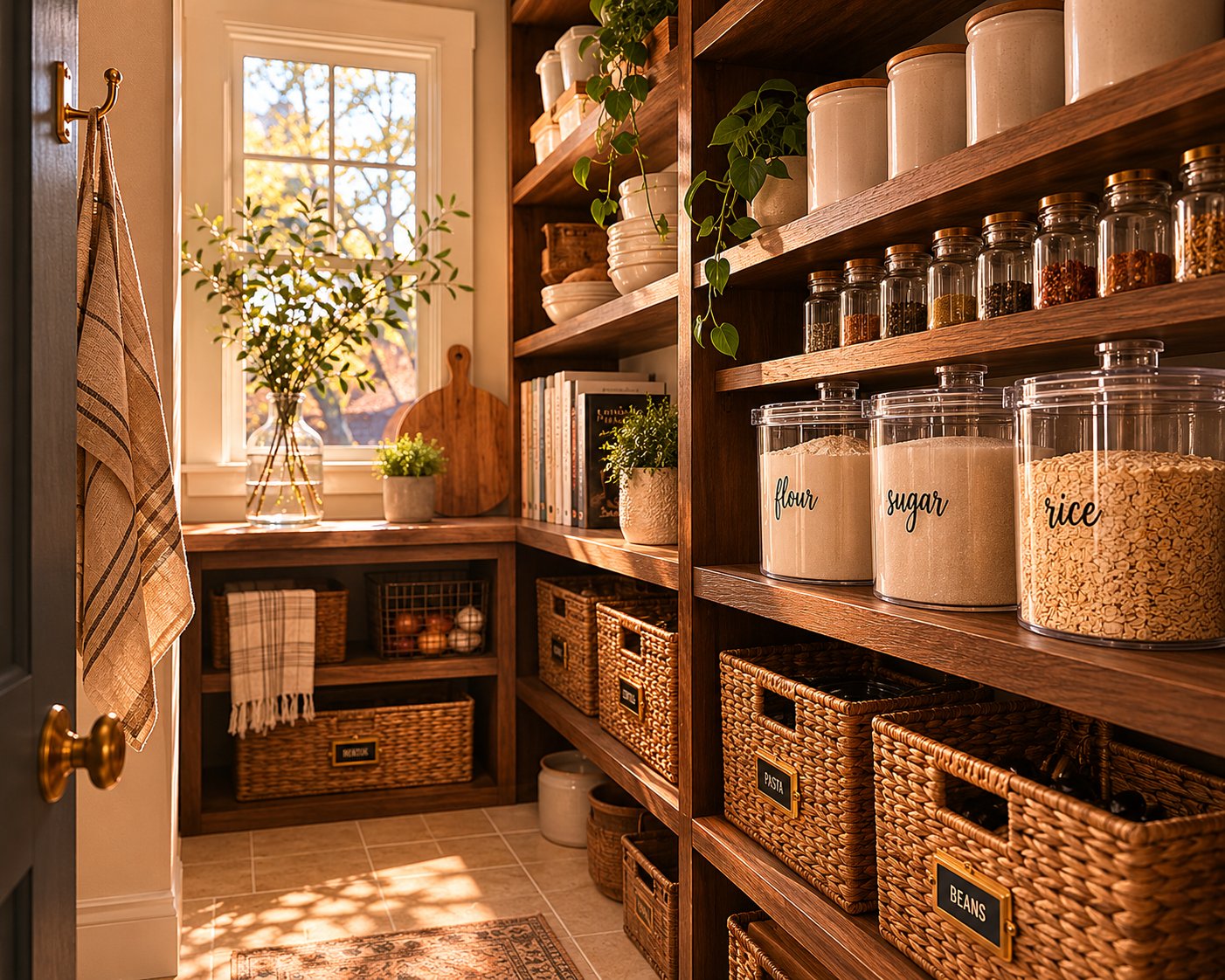 A Boulder pantry finished by Reset & Co. Home in golden hour light — handwritten labeled canisters for flour, sugar, and rice, woven baskets, dark walnut shelves, fall light through the window