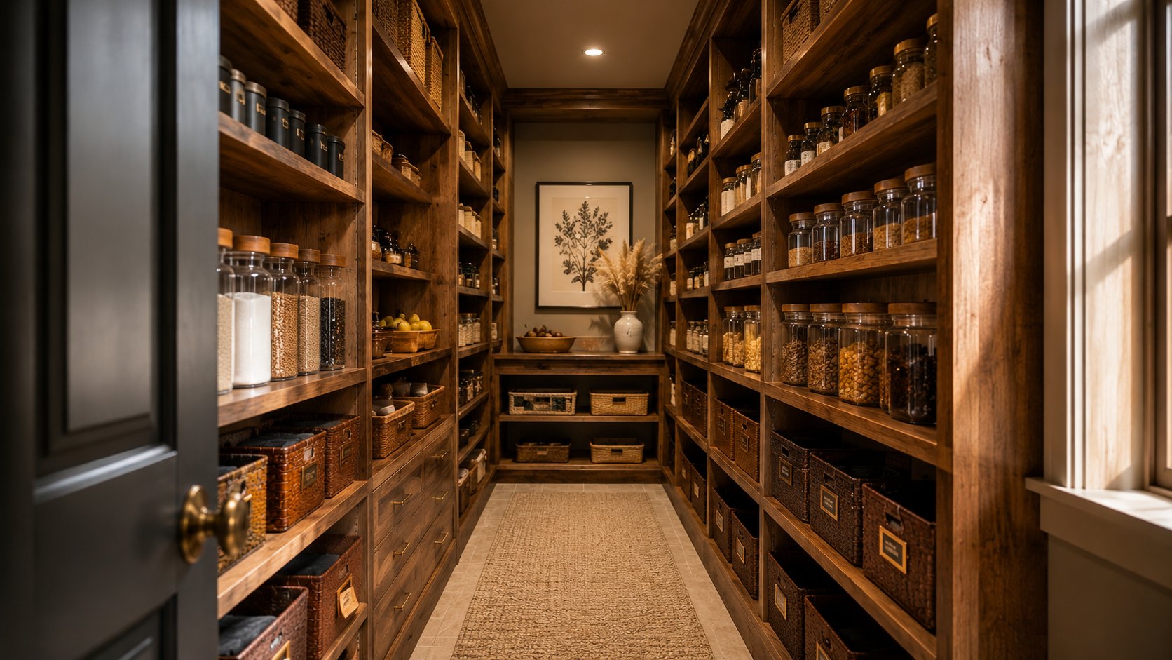 A photographed-reset pantry in a mountain home — wood shelves, glass jars, framed botanical