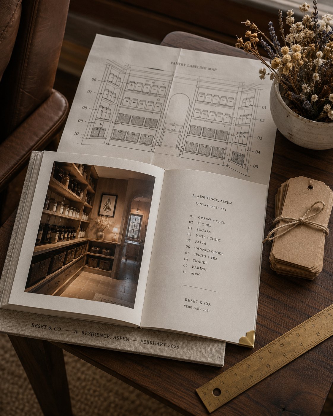 A hand-bound Reset & Co. reveal book opened to the pantry labeling map beside dried lavender