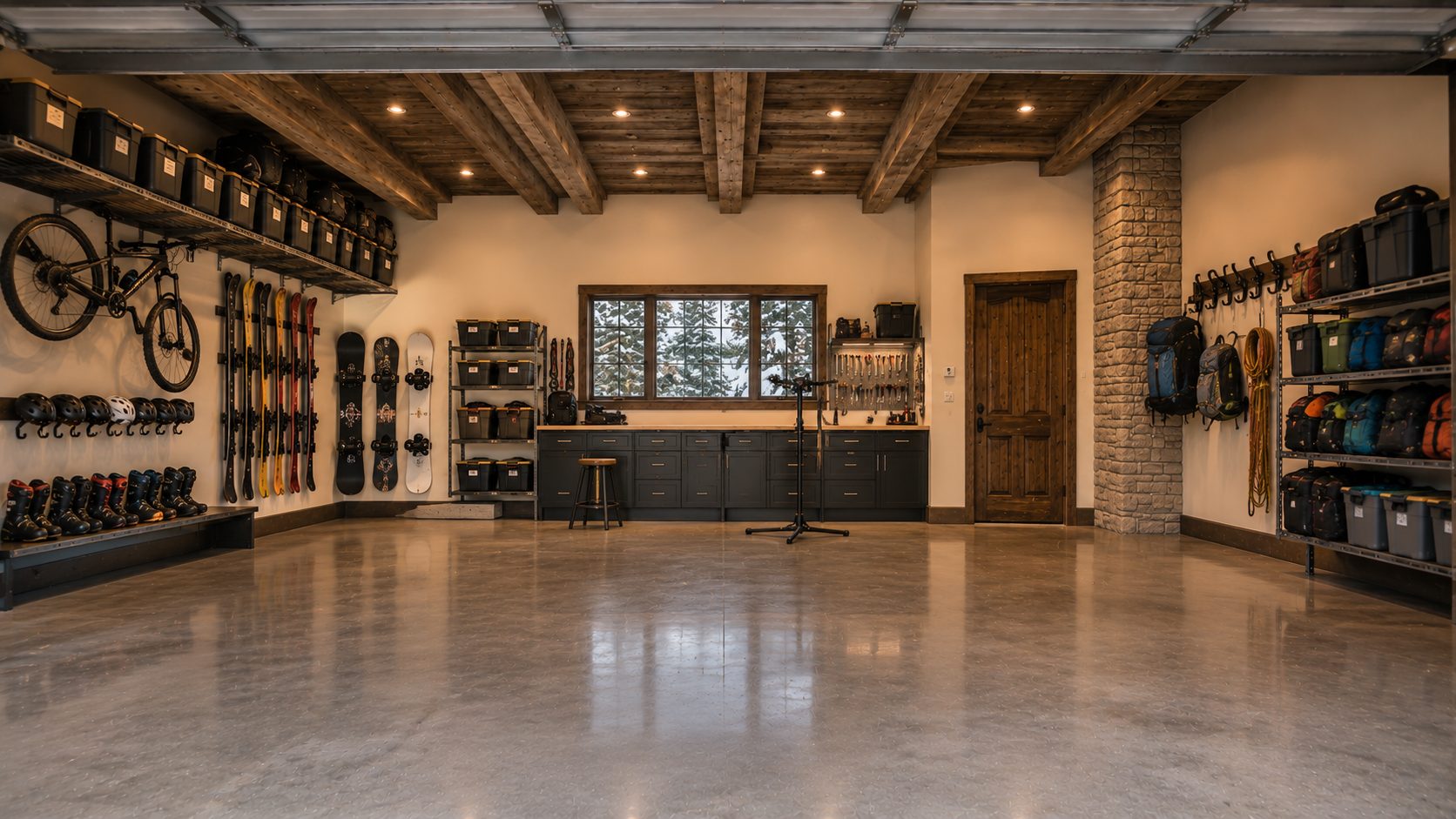The same mountain garage, organized for ski and bike season — skis racked, snowboards mounted, polished concrete