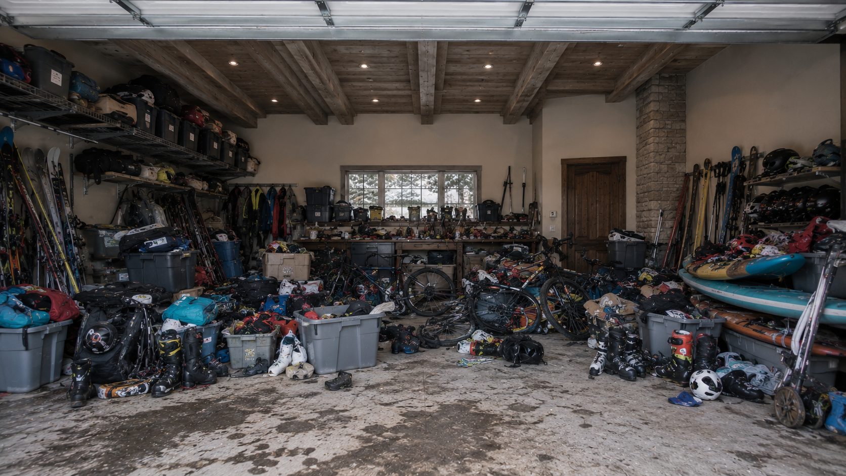A cluttered mountain home garage before a Reset & Co. reset — ski and bike gear piled, no walkable floor