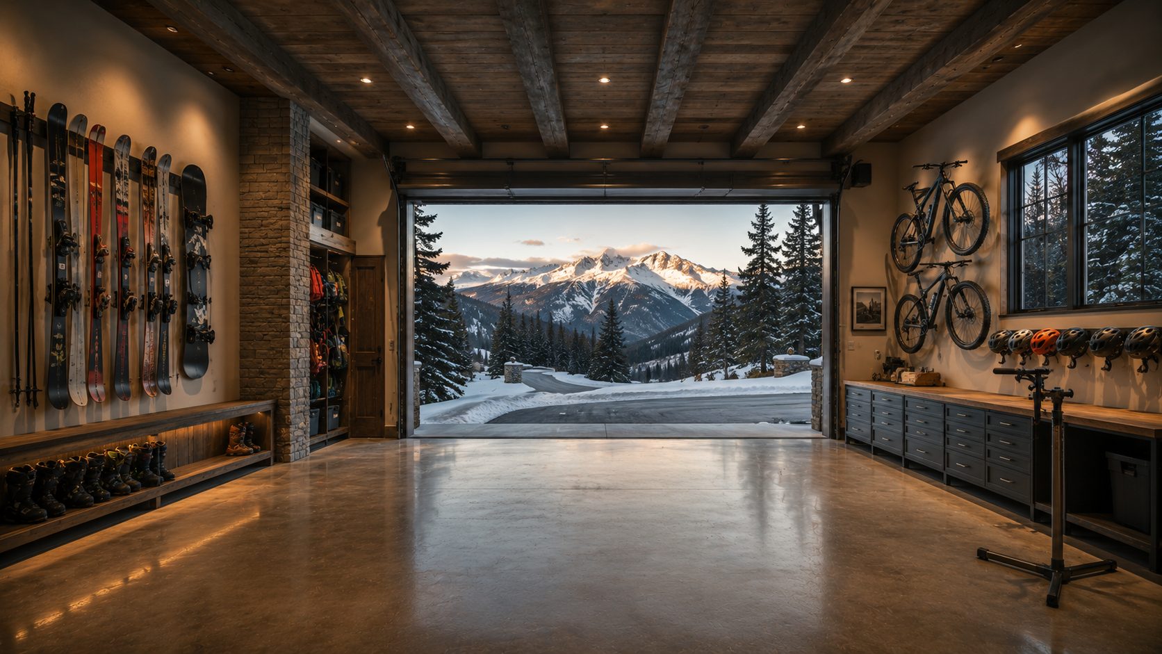 A finished alpine garage at golden hour — skis racked, mountain bikes hung, snowcapped peaks framed by the open door