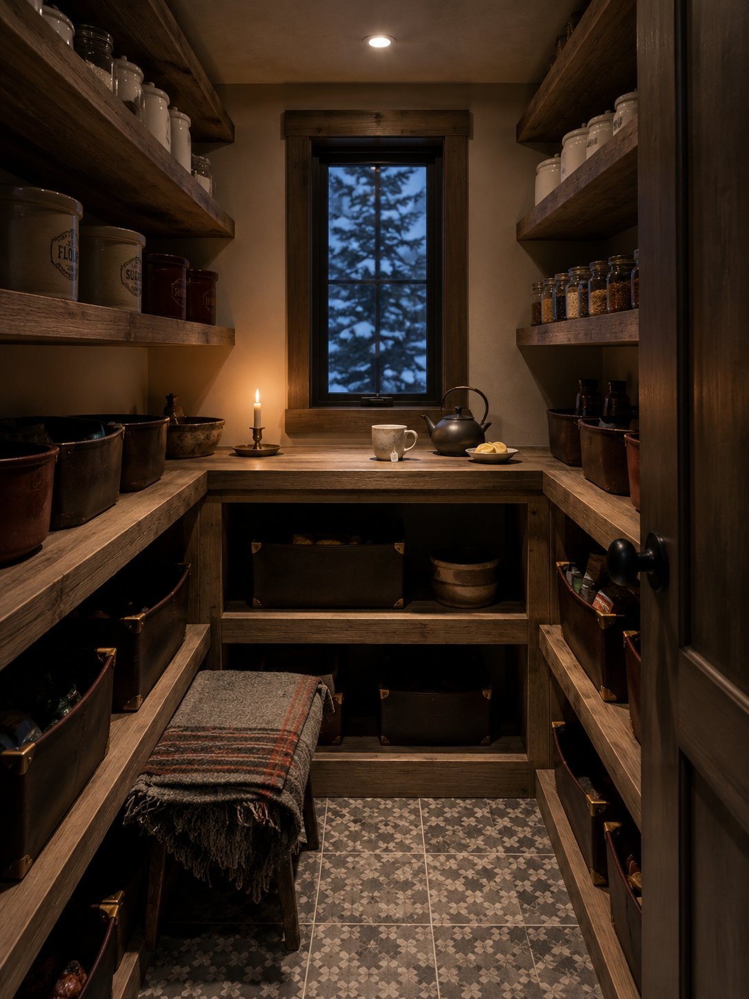 A finished mountain pantry at dusk — copper tubs, snow window, candle on the bench