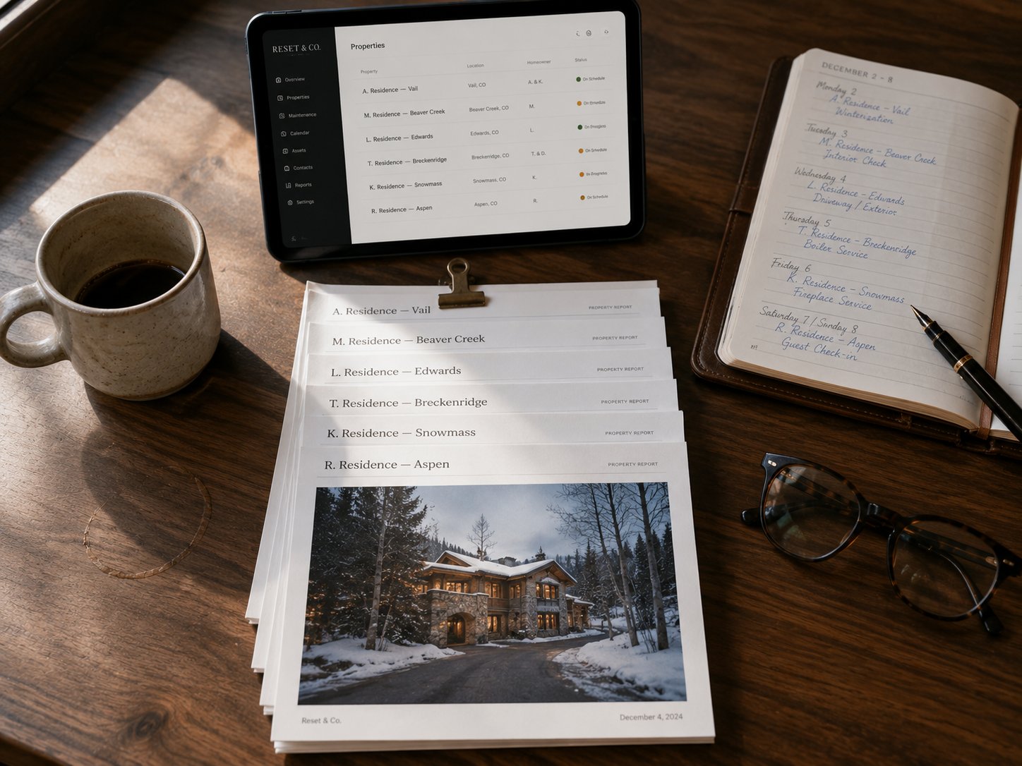 A stack of completed photo reports from mountain Home and garage projects