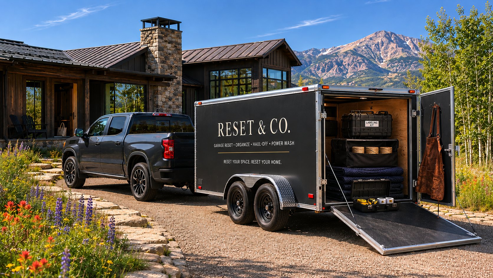 The Reset & Co. truck and trailer parked at a Vail Valley home after fresh snow