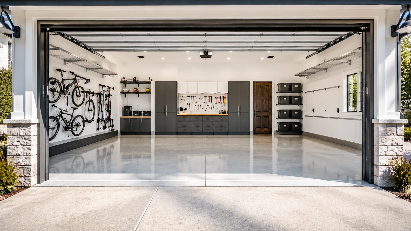 A bright, listing-ready garage prepared for real estate photos — polished concrete, bikes hung, dark cabinetry