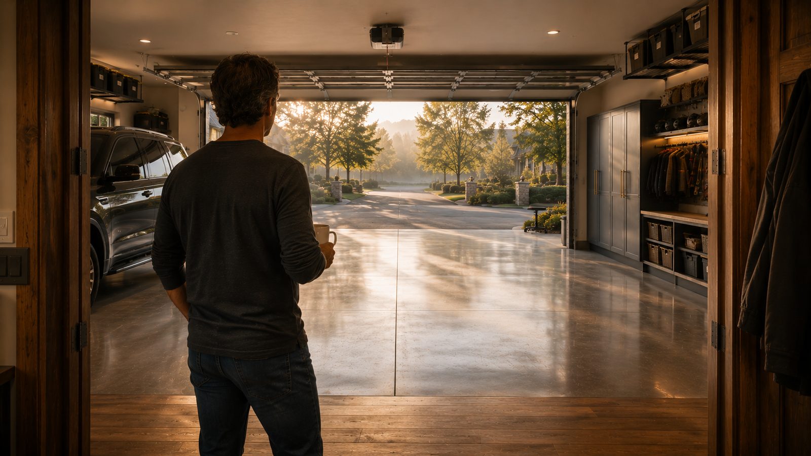 A homeowner with morning coffee looking out at his finished garage — Saturday morning aspiration